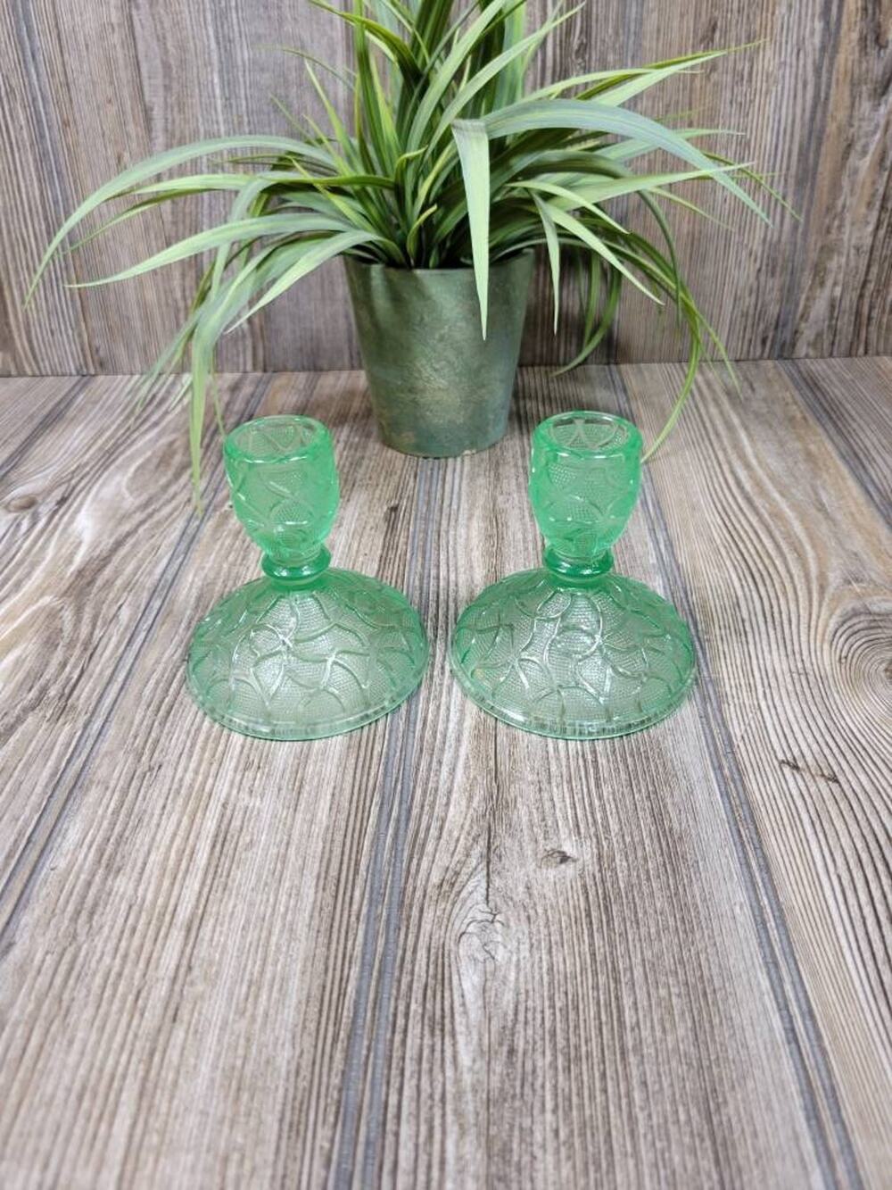 Vintage Imperial Green Crackle Uranium Glass Candlestick Holders Art Deco Pair